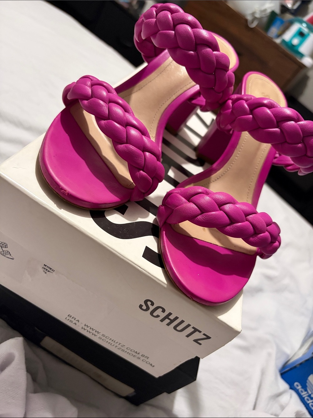 SCHUTZ Braided Double-Strap Heeled Sandals in Bright Pink